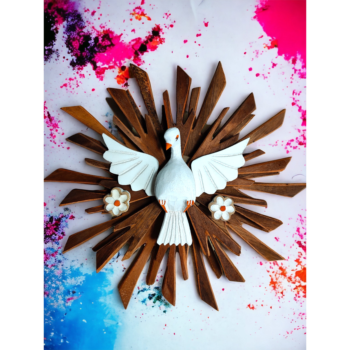 Escultura Divino Espirito Santo de Parede De Madeira Maciça Esculpido a mão 32cm Flores