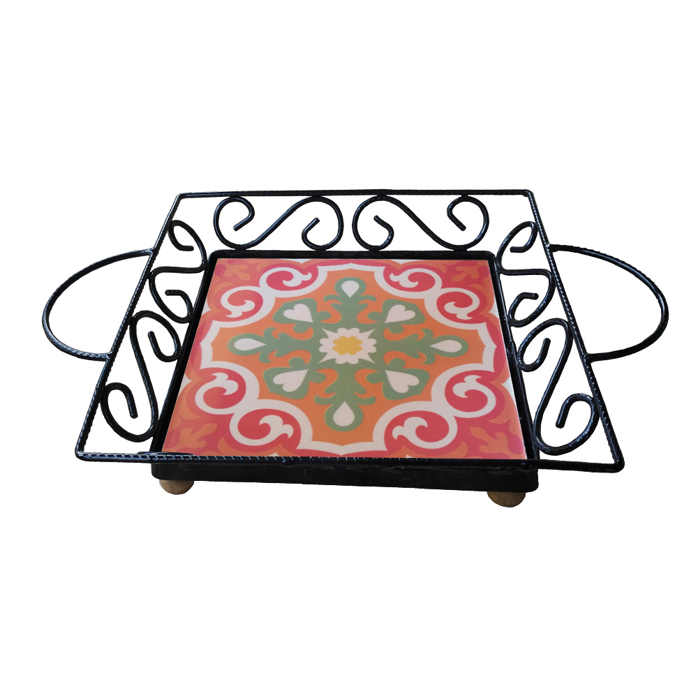 Fruteira Mesa Bandeja Ferro Azulejo Quadrada G3