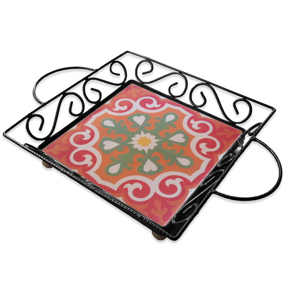 Fruteira Mesa Bandeja Ferro Azulejo Quadrada G3