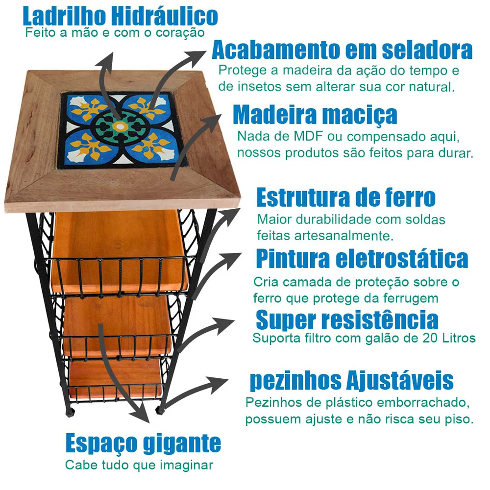 Fruteira de Chão Rústica Artesanal Ferro e Madeira com Ladrilho Hidráulico S03