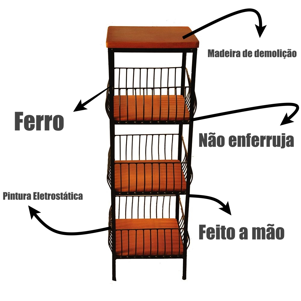 Fruteira de Ferro e Madeira Grande para Cozinha 3 Andares Artesanal