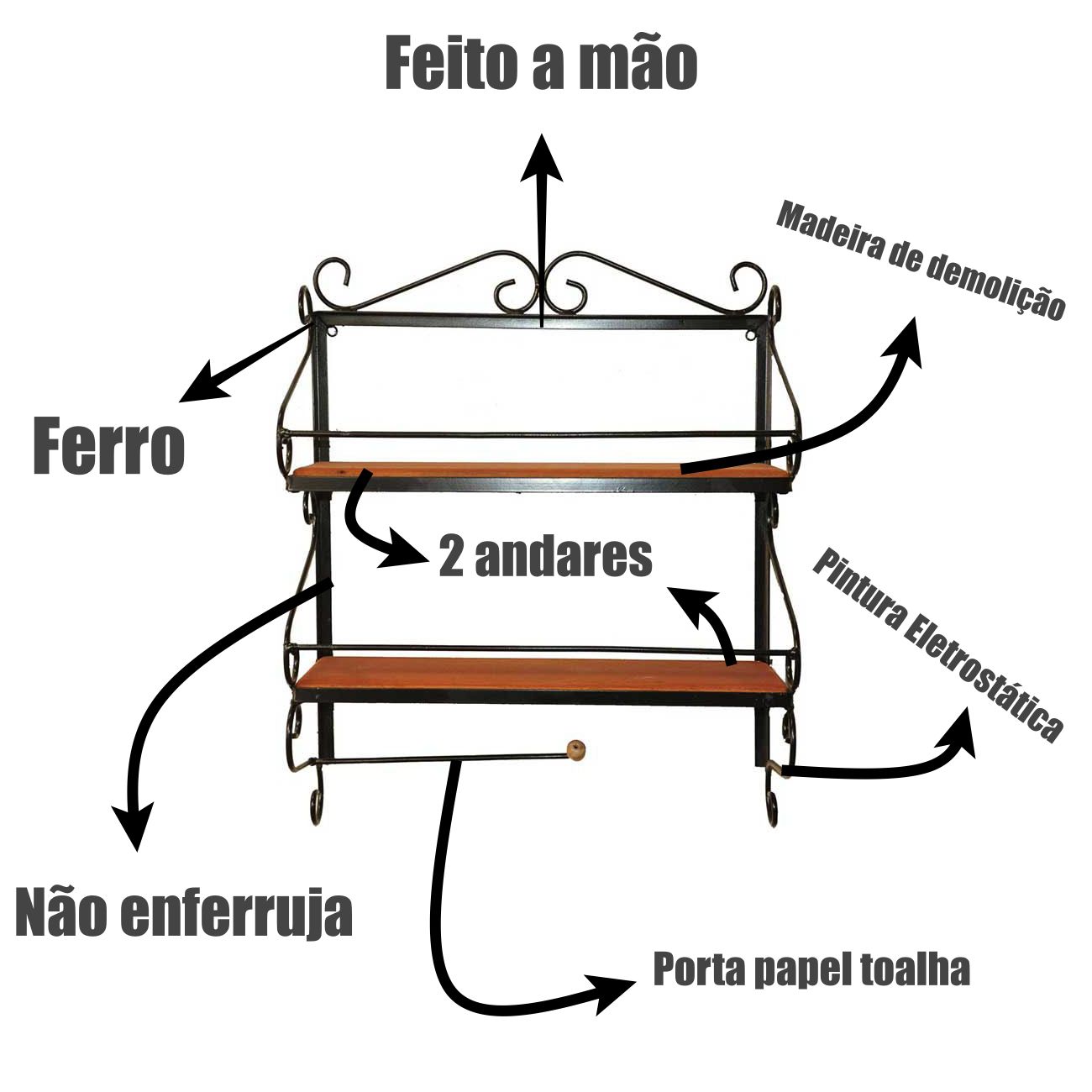 Prateleira Porta Condimentos Rústica 2 Andares com Porta Papel Toalha