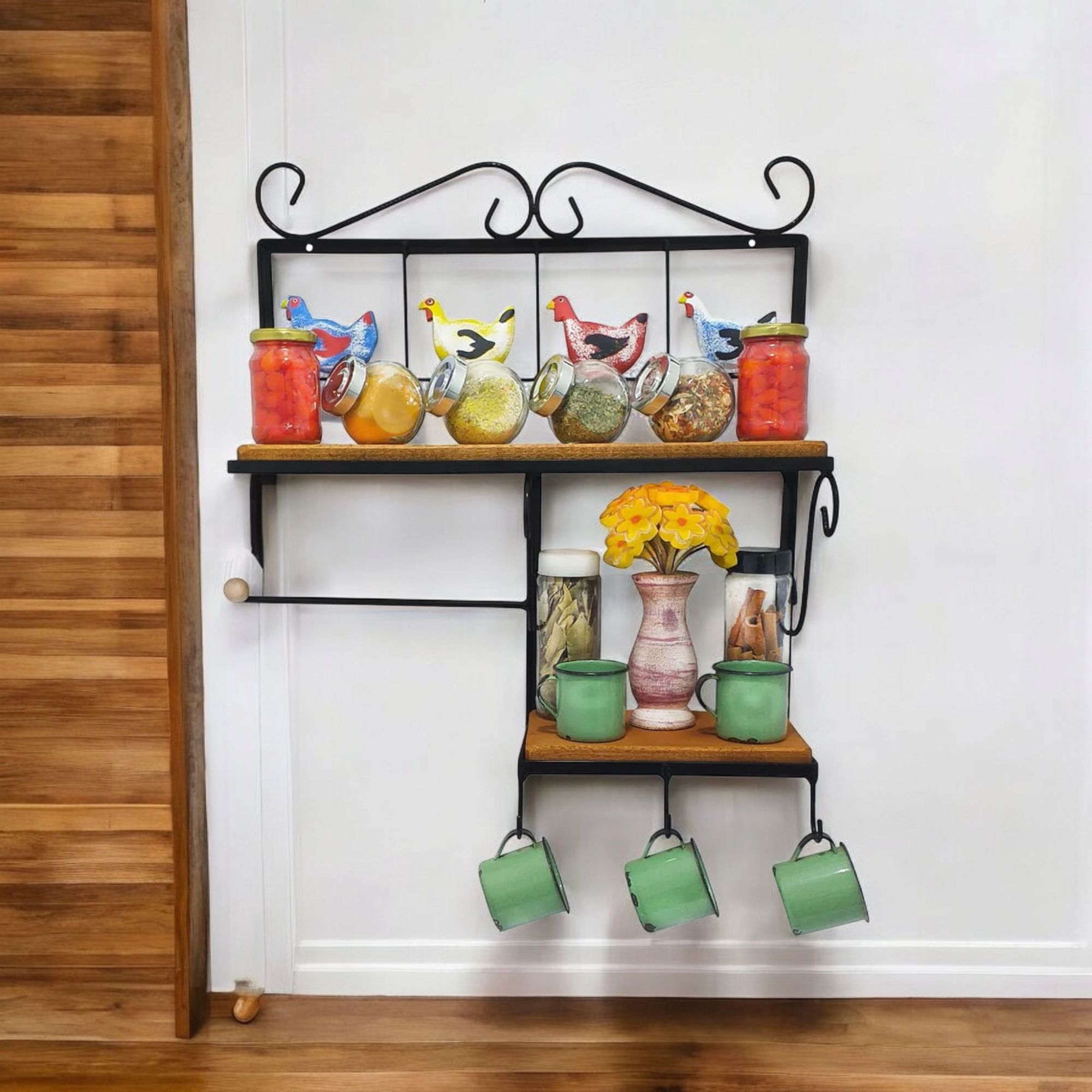 Prateleira de Cozinha Rustica com Porta Papel Toalha Galinha