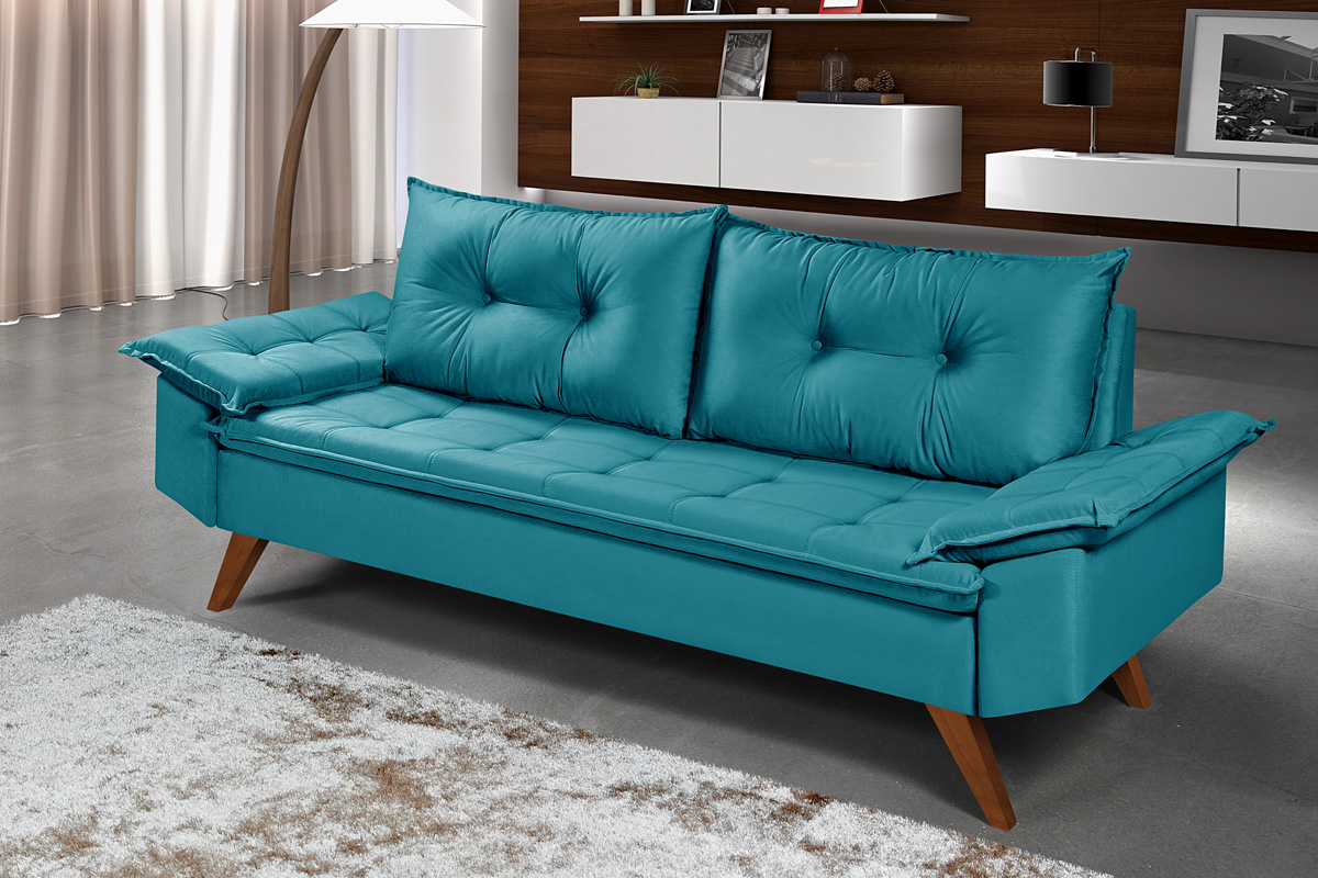 Sofa 3 Lugares Bariloche Retro Essencial Estofados Cor Azul Turquesa