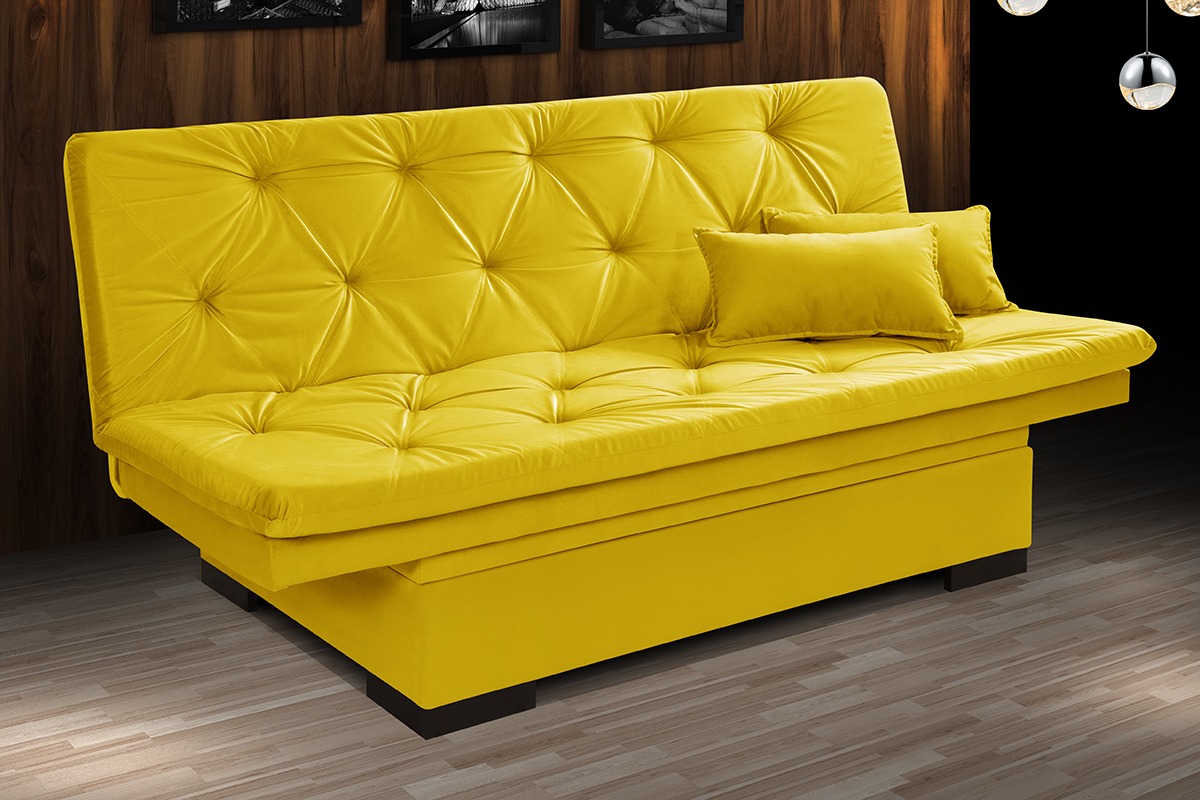 Sofa Cama Bau Reclinavel 3 Posições Suede Amarelo
