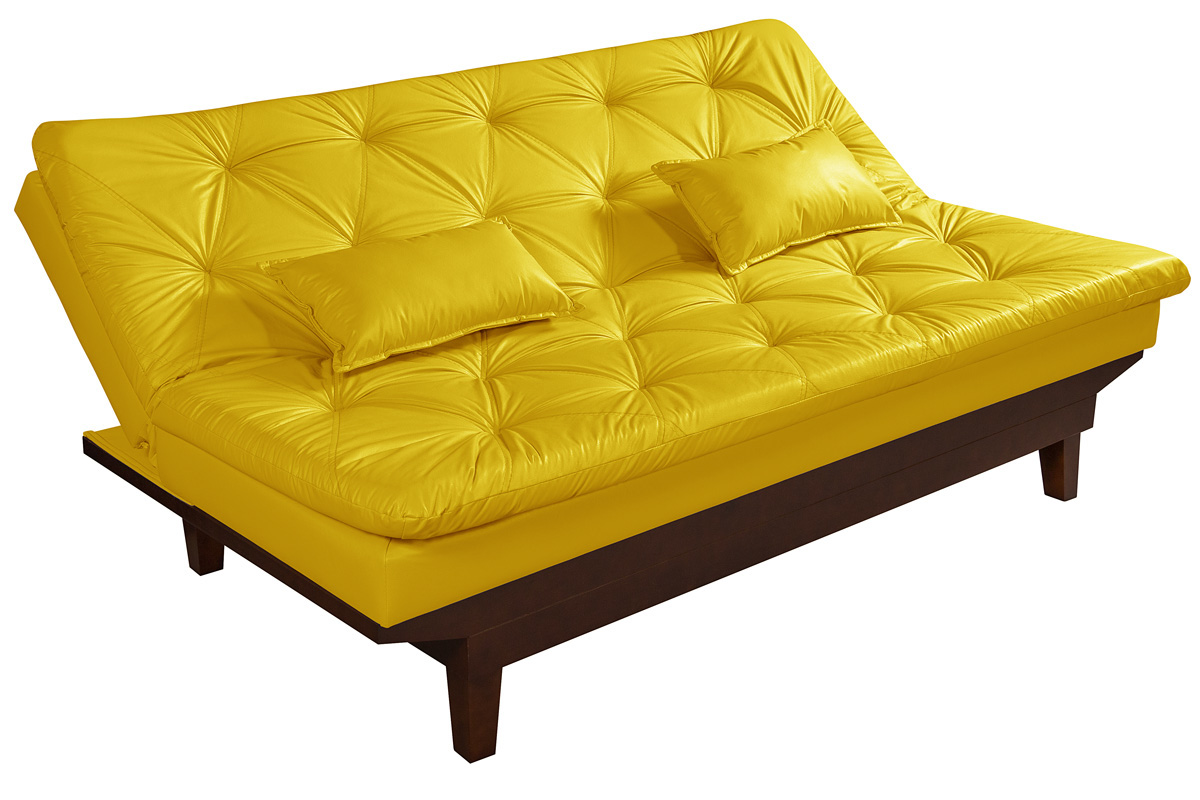 Sofa Cama Caribe Reclinavel 3 Posições Courino Amarelo Essencial Estofados