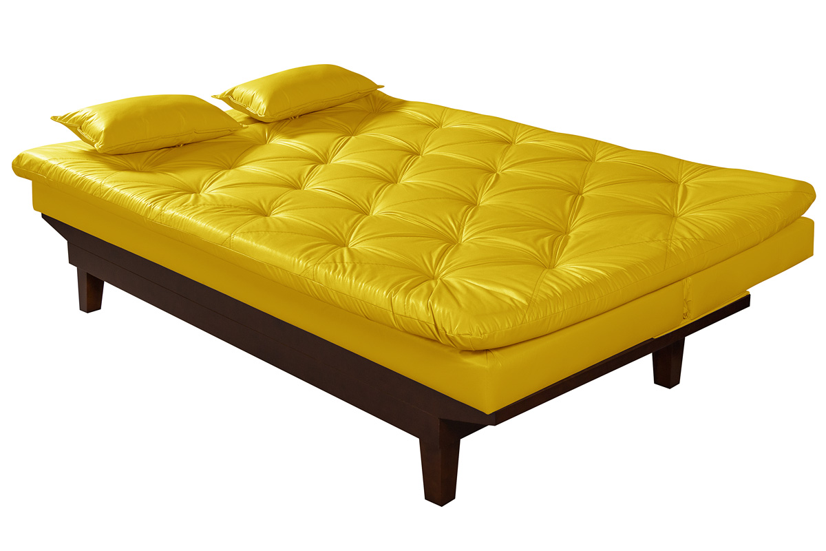 Sofa Cama Caribe Reclinavel 3 Posições Courino Amarelo Essencial Estofados