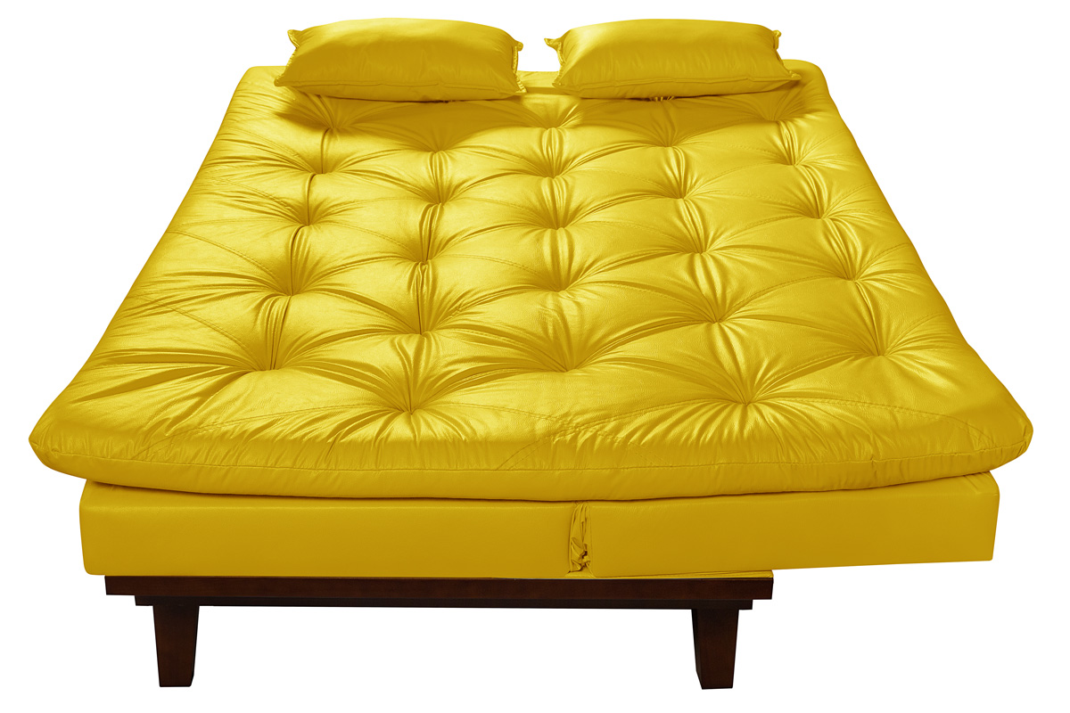 Sofa Cama Caribe Reclinavel 3 Posições Courino Amarelo Essencial Estofados