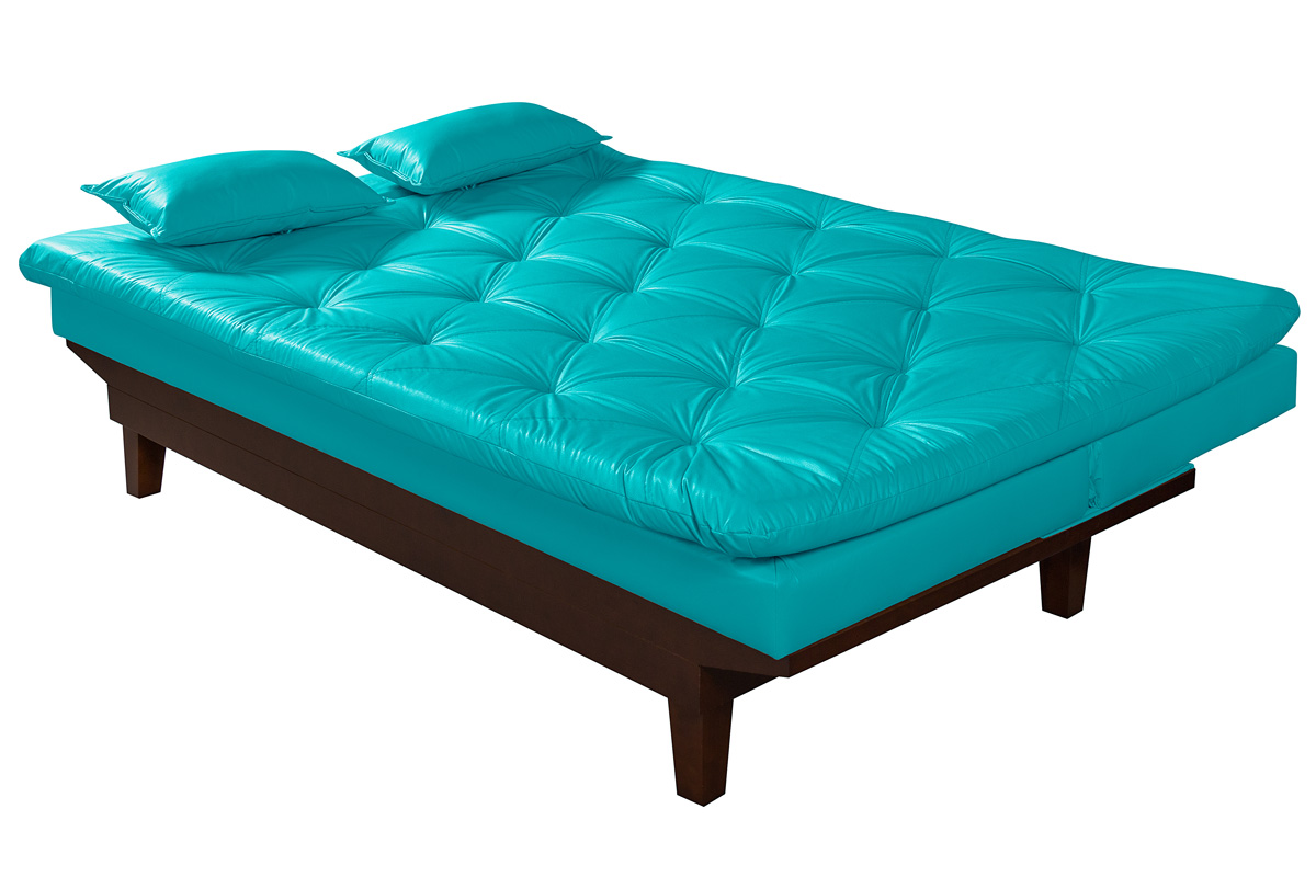 Sofa Cama Caribe Reclinavel 3 Posições Courino Azul Turquesa Essencial Estofados