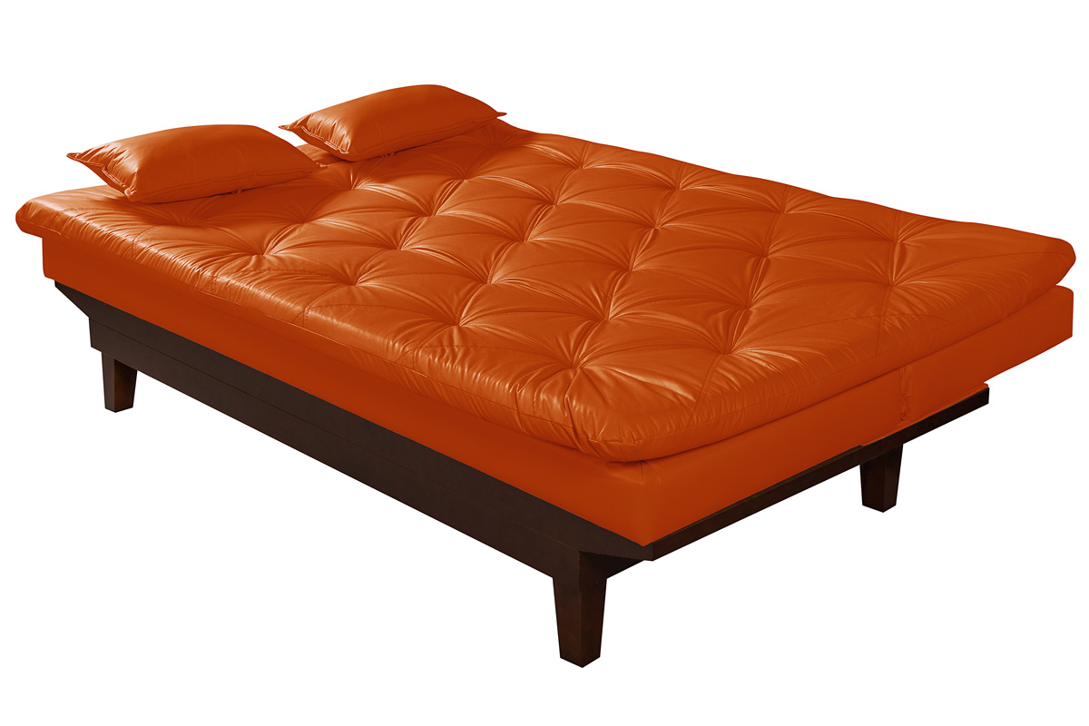 Sofa Cama Caribe Reclinavel 3 Posições Courino Laranja Essencial Estofados