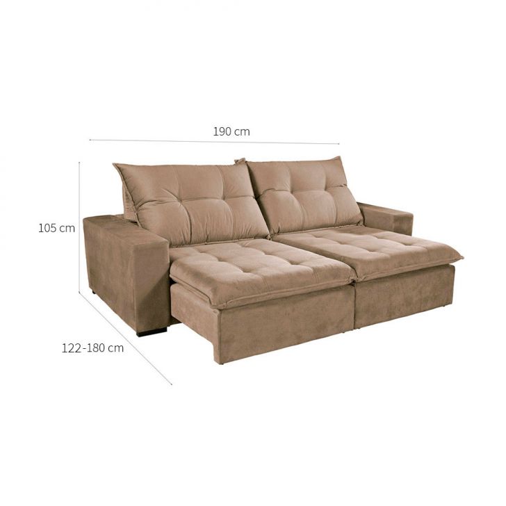 [OUTLET] Sofá 3 Lugares Retrátil Sapucaí Veludo Bege 190 cm