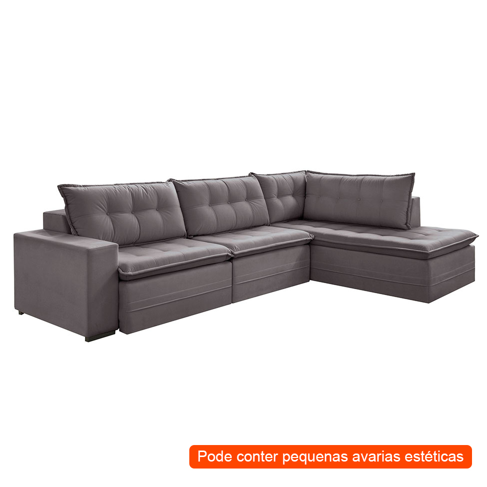 [OUTLET] Sofá 4 Lugares Presidente com Chaise Direito Veludo Cinza