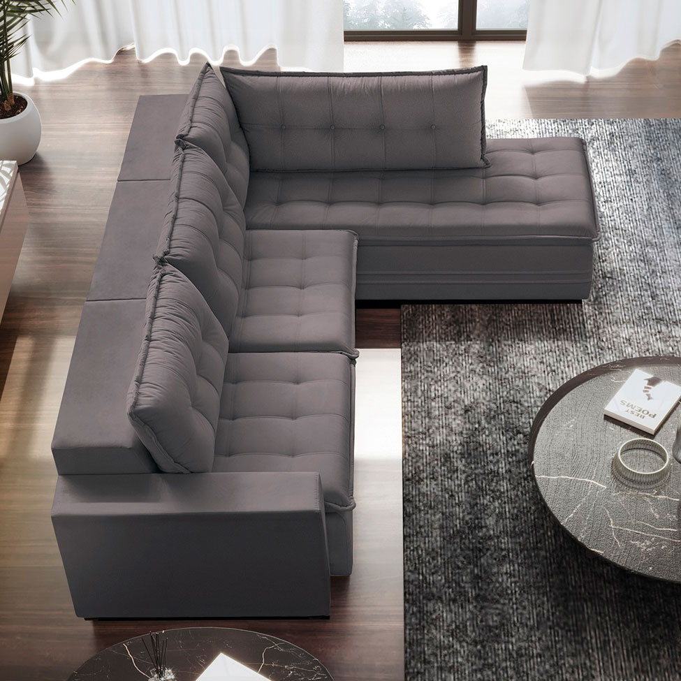 [OUTLET] Sofá 4 Lugares Presidente com Chaise Direito Veludo Cinza