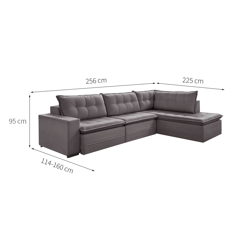[OUTLET] Sofá 4 Lugares Presidente com Chaise Direito Veludo Cinza