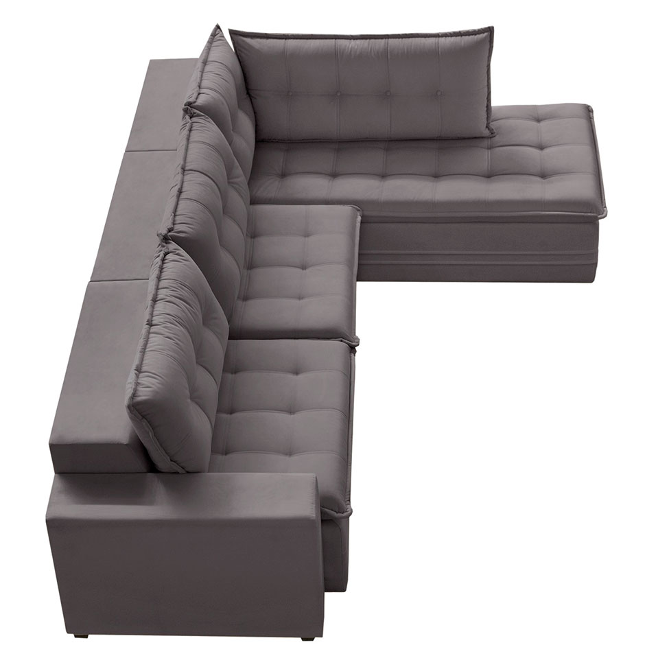 [OUTLET] Sofá 4 Lugares Presidente com Chaise Direito Veludo Cinza