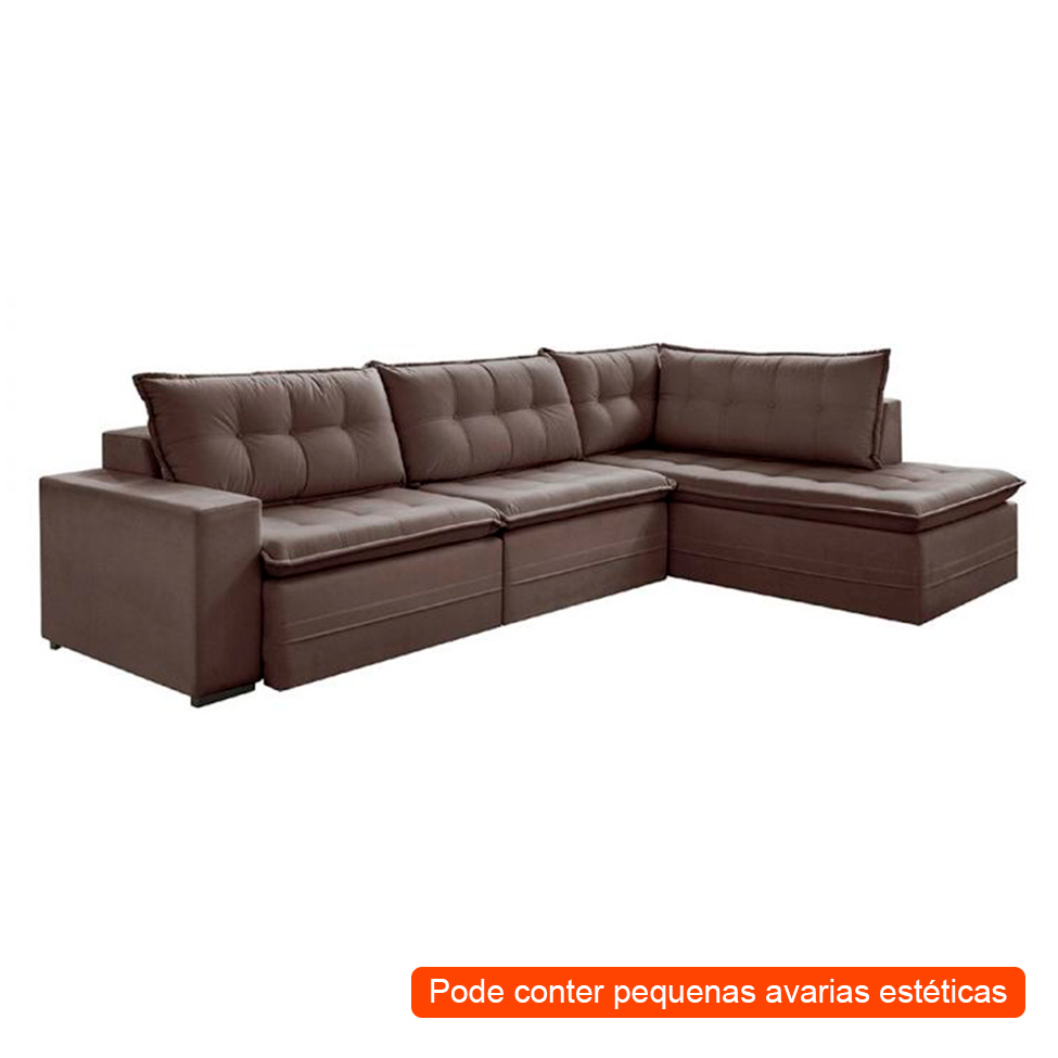 [OUTLET] Sofá 5 Lugares Presidente com Chaise Direito Veludo Marrom Escuro 366 cm