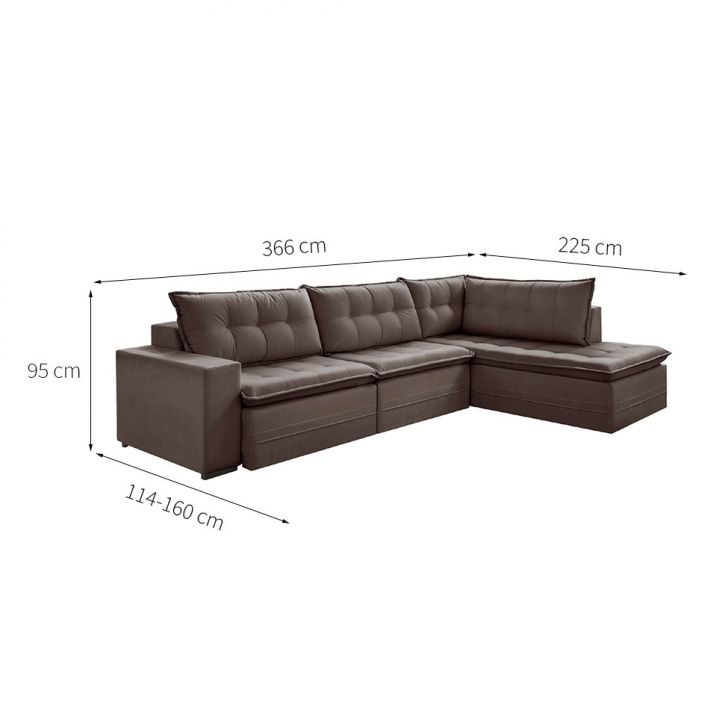 [OUTLET] Sofá 5 Lugares Presidente com Chaise Direito Veludo Marrom Escuro 366 cm