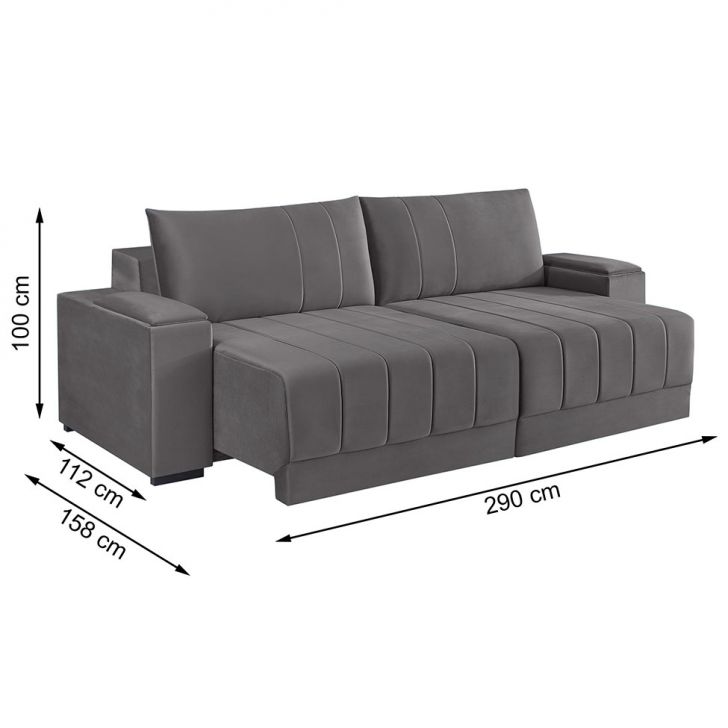 [OUTLET] Sofá 5 Lugares Retrátil Línea Veludo Cinza 290cm