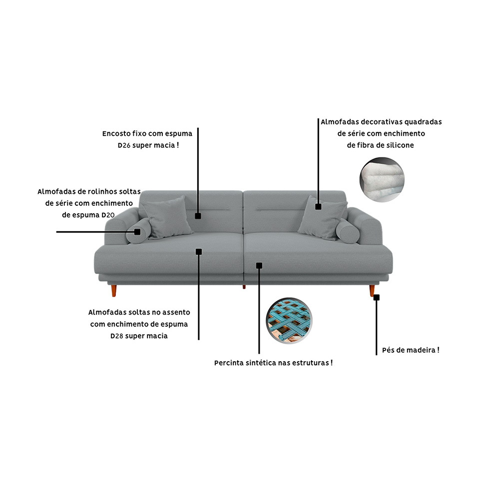 Sofá 3 Lugares Lisboa Linho Chumbo