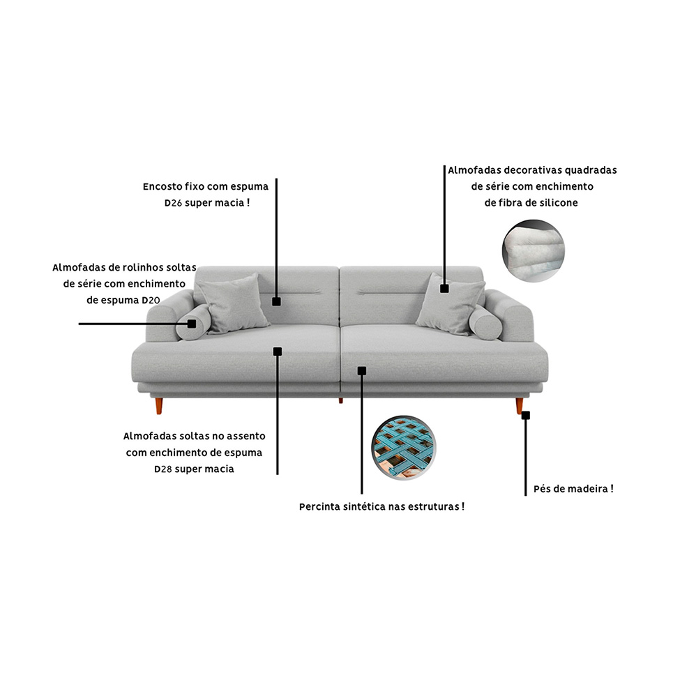 Sofá 3 Lugares Lisboa Linho Cinza