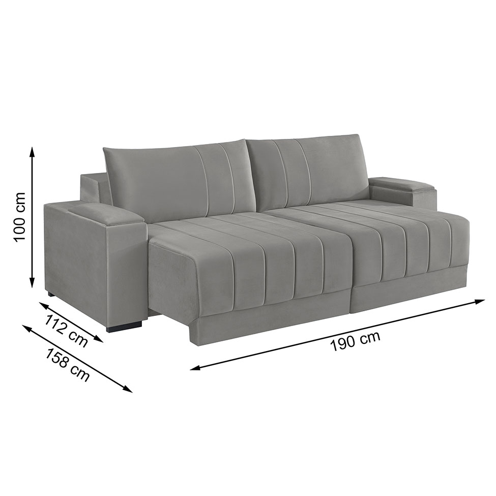 Sofá 3 Lugares Retrátil Línea Veludo Cinza Claro 190cm