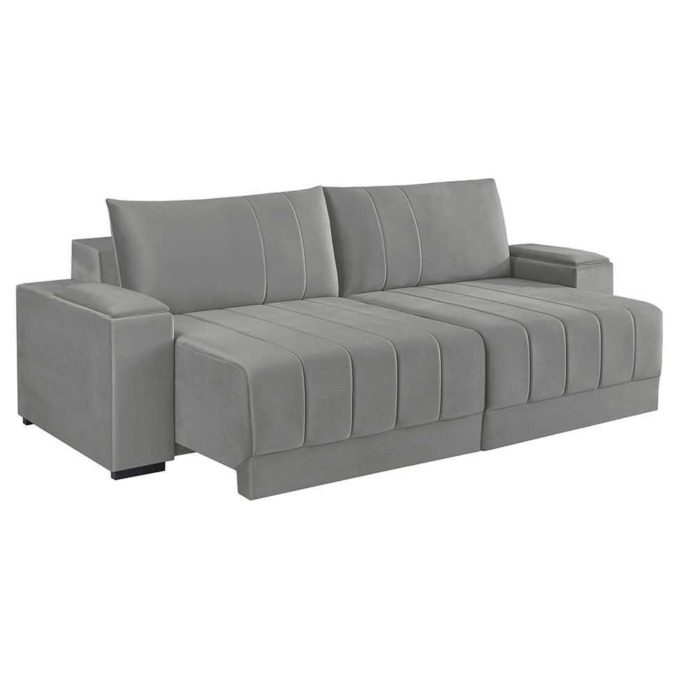 Sofá 3 Lugares Retrátil Línea Veludo Cinza Claro 190cm