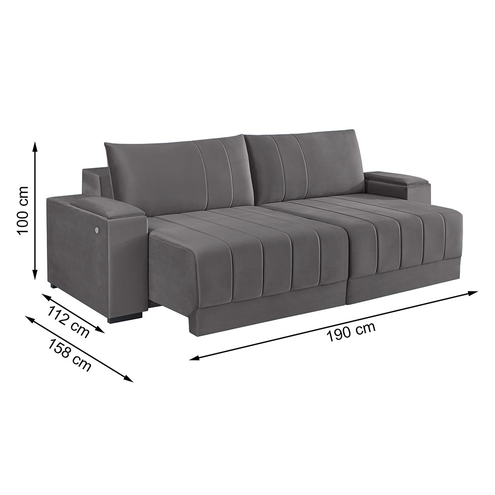 Sofá 3 Lugares Retrátil Línea com Kit USB Veludo Cinza 190cm