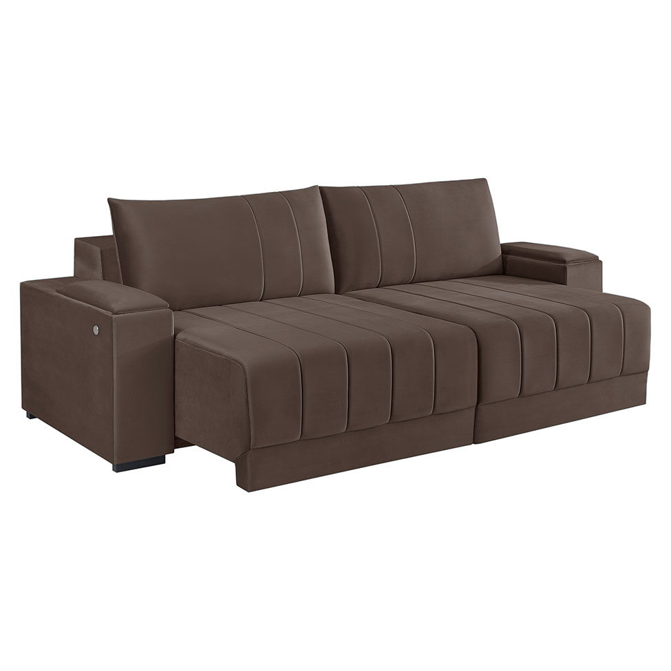Sofá 3 Lugares Retrátil Línea com Kit USB Veludo Marrom 190cm