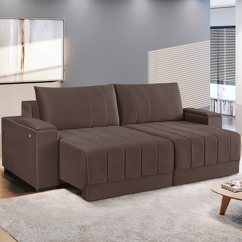 Sofá 3 Lugares Retrátil Línea com Kit USB Veludo Marrom 190cm