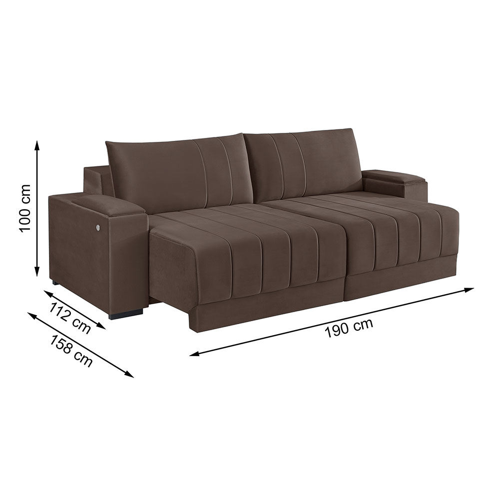 Sofá 3 Lugares Retrátil Línea com Kit USB Veludo Marrom 190cm