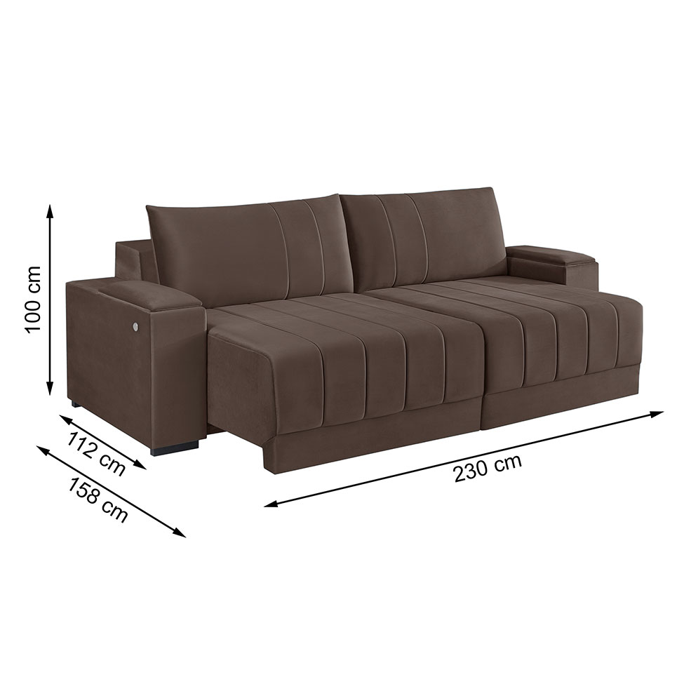 Sofá 3 Lugares Retrátil Línea com Kit USB Veludo Marrom 230cm