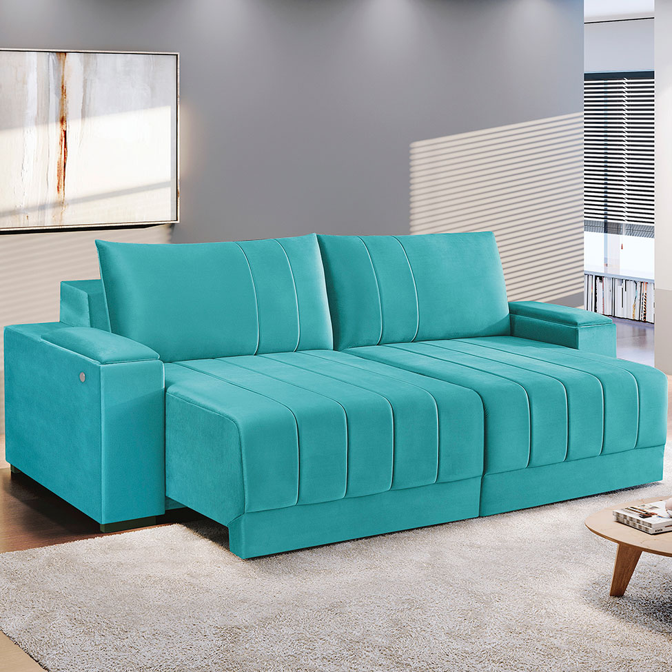 Sofá 3 Lugares Retrátil Línea com Kit USB Veludo Verde 230cm