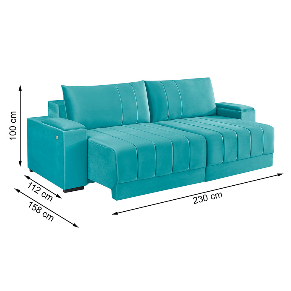 Sofá 3 Lugares Retrátil Línea com Kit USB Veludo Verde 230cm