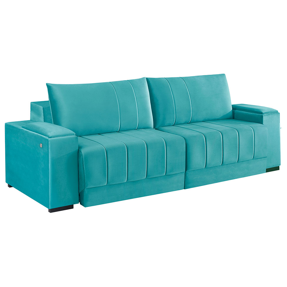 Sofá 3 Lugares Retrátil Línea com Kit USB Veludo Verde 230cm