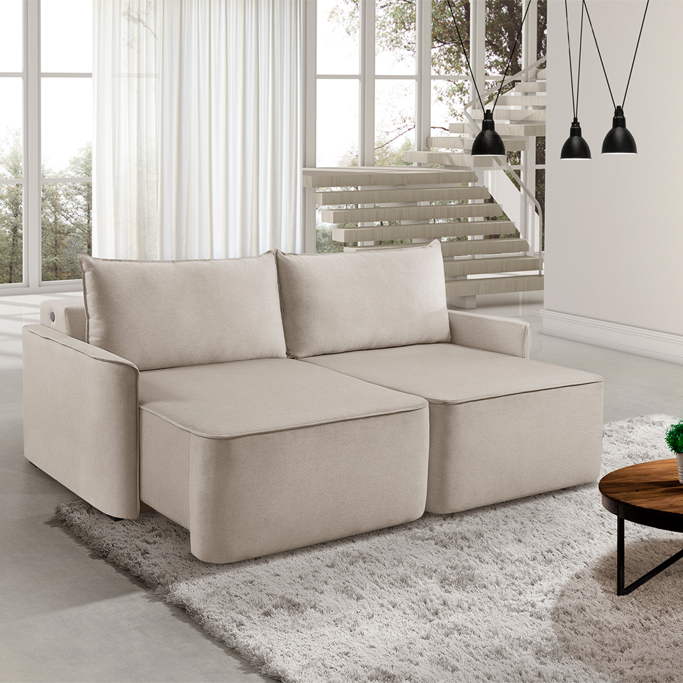 Sofá 3 Lugares Retrátil Moon com USB Linho Cru 200 cm