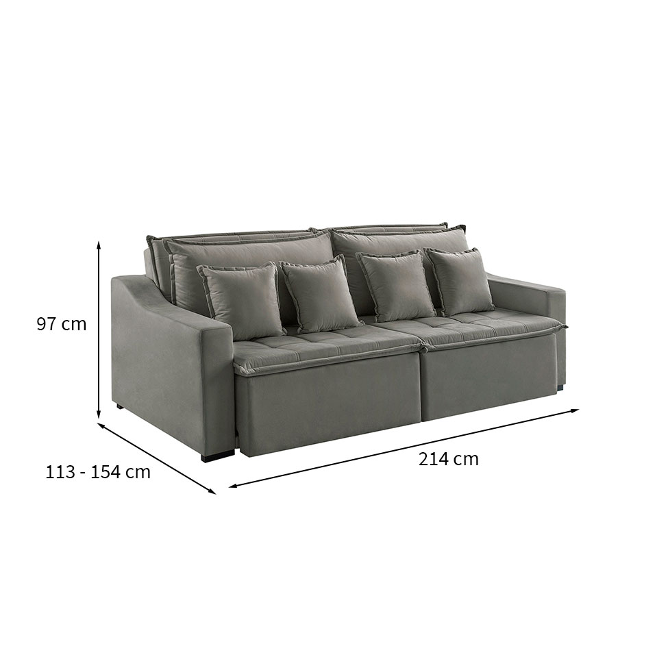 Sofá 3 Lugares Retrátil e Reclinável Amy Veludo Cinza 214 cm