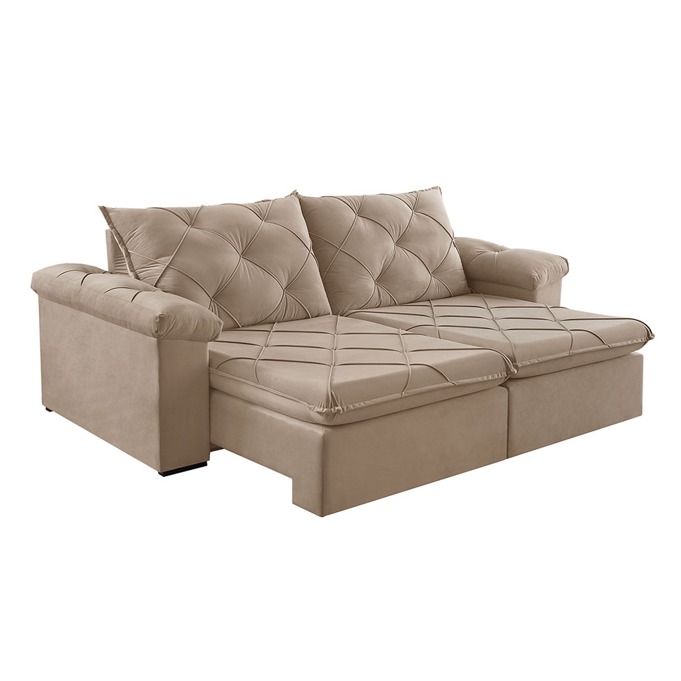 Sofá 3 Lugares Retrátil e Reclinável Astor Veludo Bege 202 cm