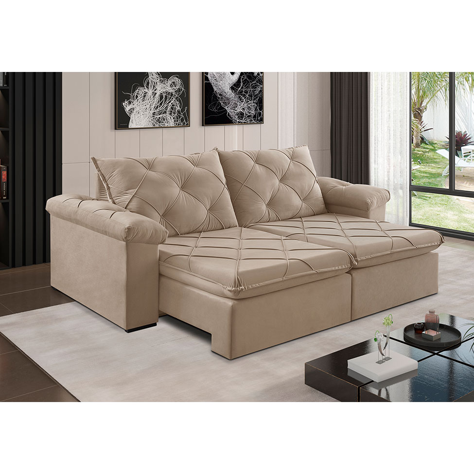 Sofá 3 Lugares Retrátil e Reclinável Astor Veludo Bege 202 cm