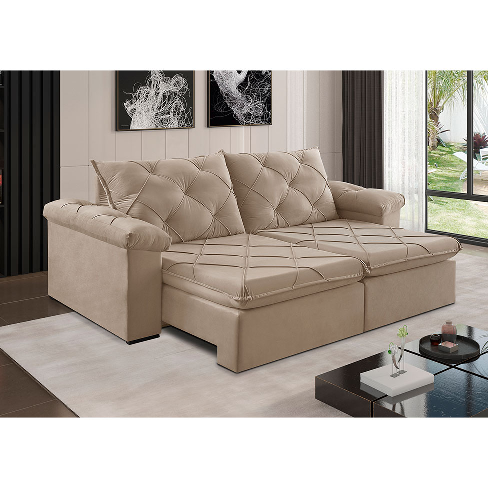 Sofá 3 Lugares Retrátil e Reclinável Astor Veludo Bege 242 cm