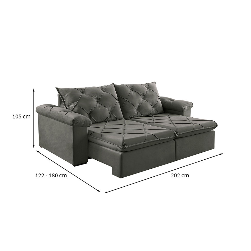 Sofá 3 Lugares Retrátil e Reclinável Astor Veludo Cinza 202 cm