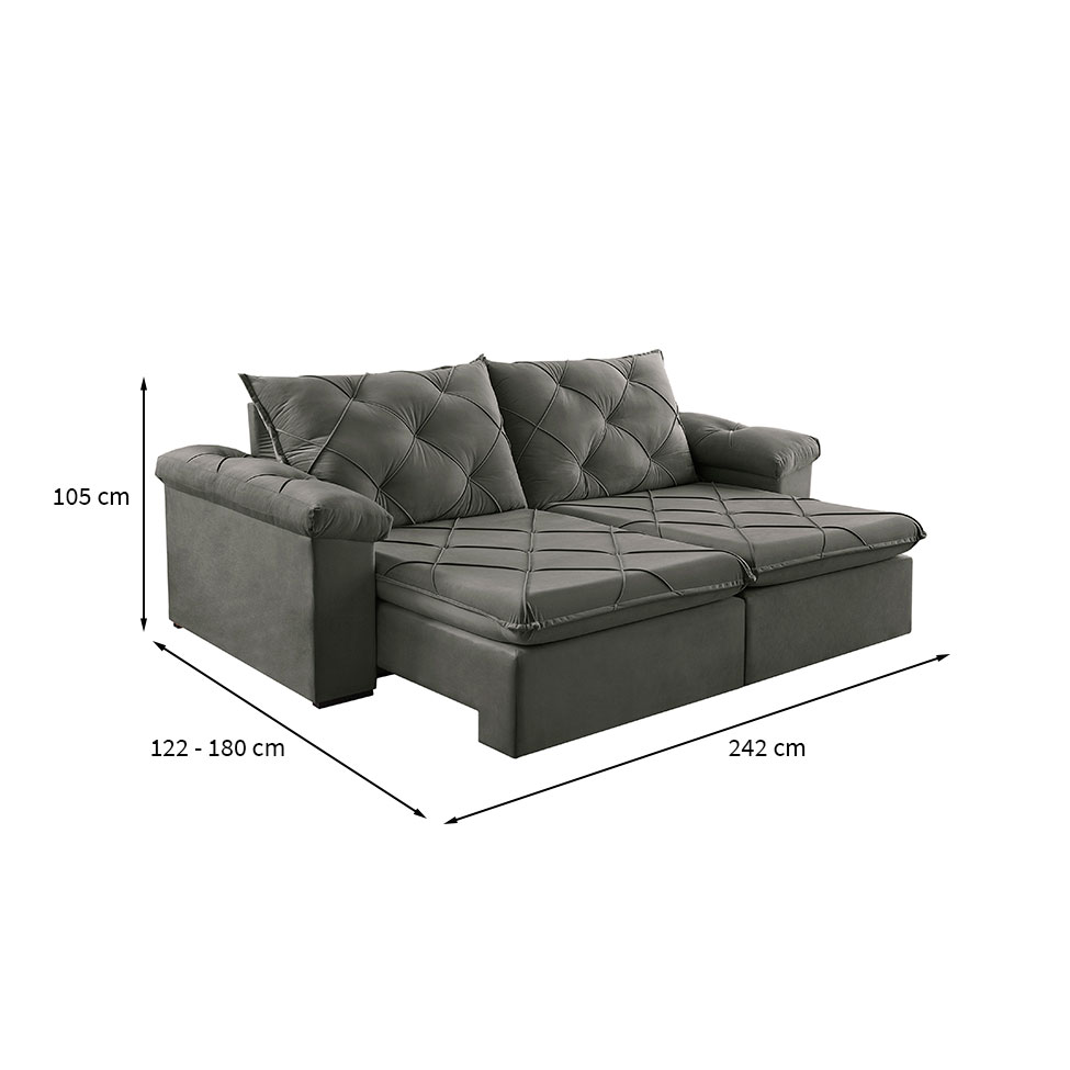 Sofá 3 Lugares Retrátil e Reclinável Astor Veludo Cinza 242 cm