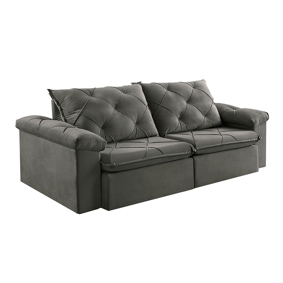 Sofá 3 Lugares Retrátil e Reclinável Astor Veludo Cinza 242 cm