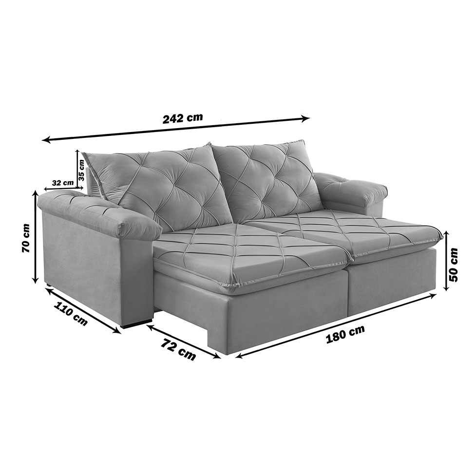 Sofá 3 Lugares Retrátil e Reclinável Astor Veludo Cinza 242 cm