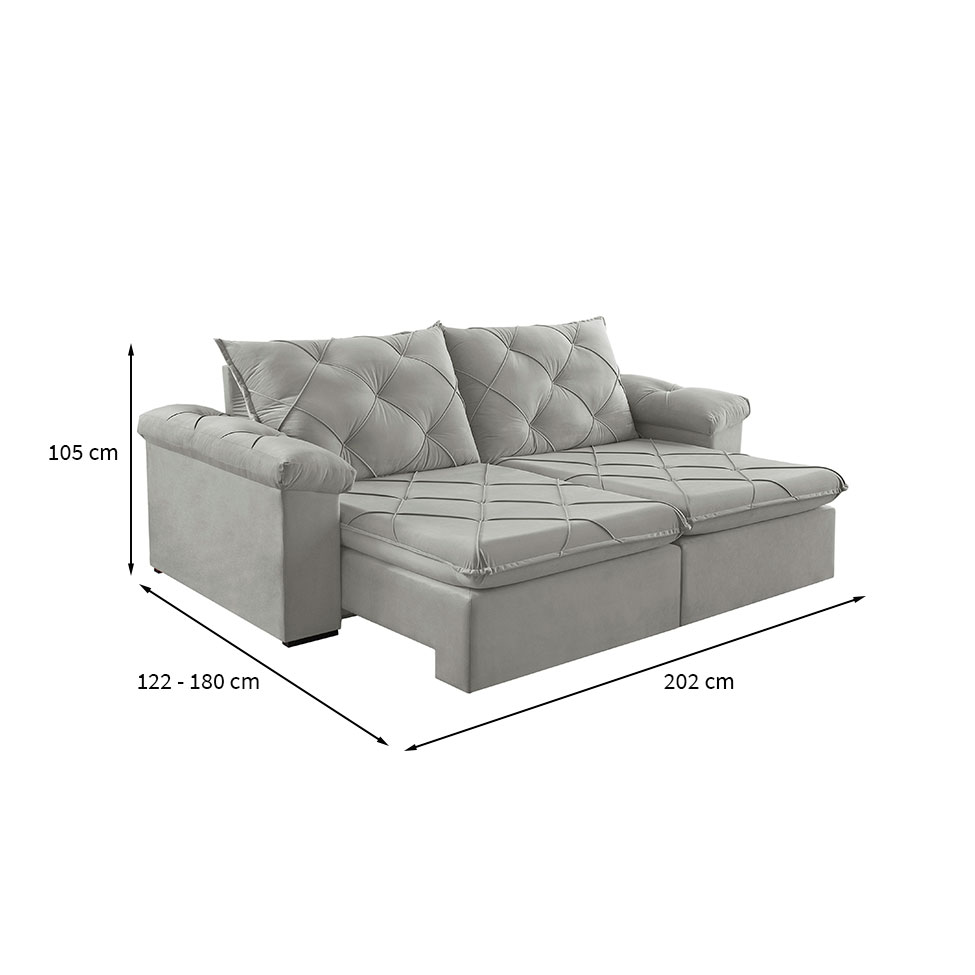 Sofá 3 Lugares Retrátil e Reclinável Astor Veludo Cinza Prateado 202 cm