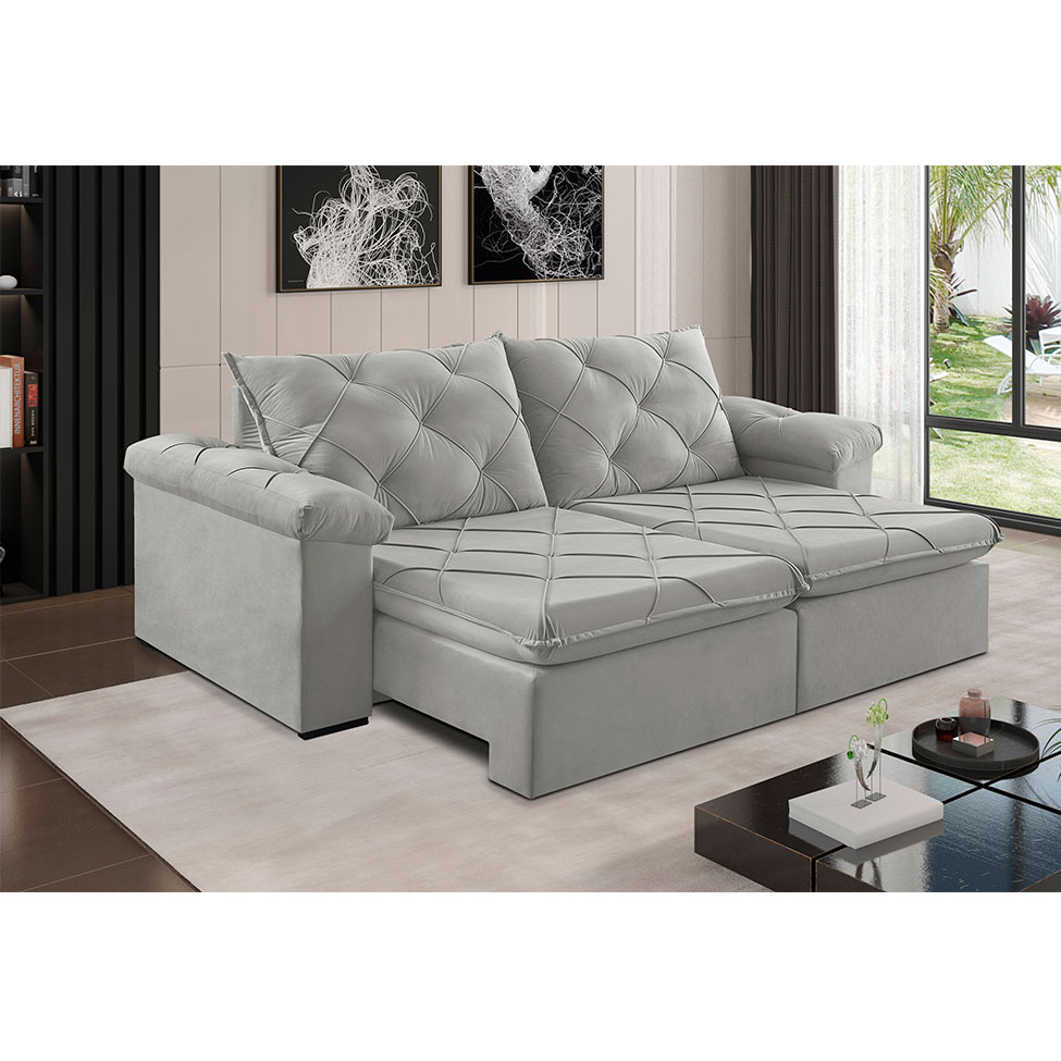 Sofá 3 Lugares Retrátil e Reclinável Astor Veludo Cinza Prateado 242 cm