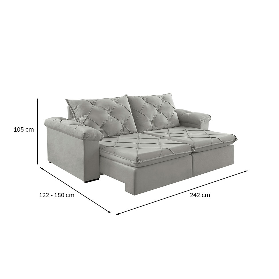 Sofá 3 Lugares Retrátil e Reclinável Astor Veludo Cinza Prateado 242 cm