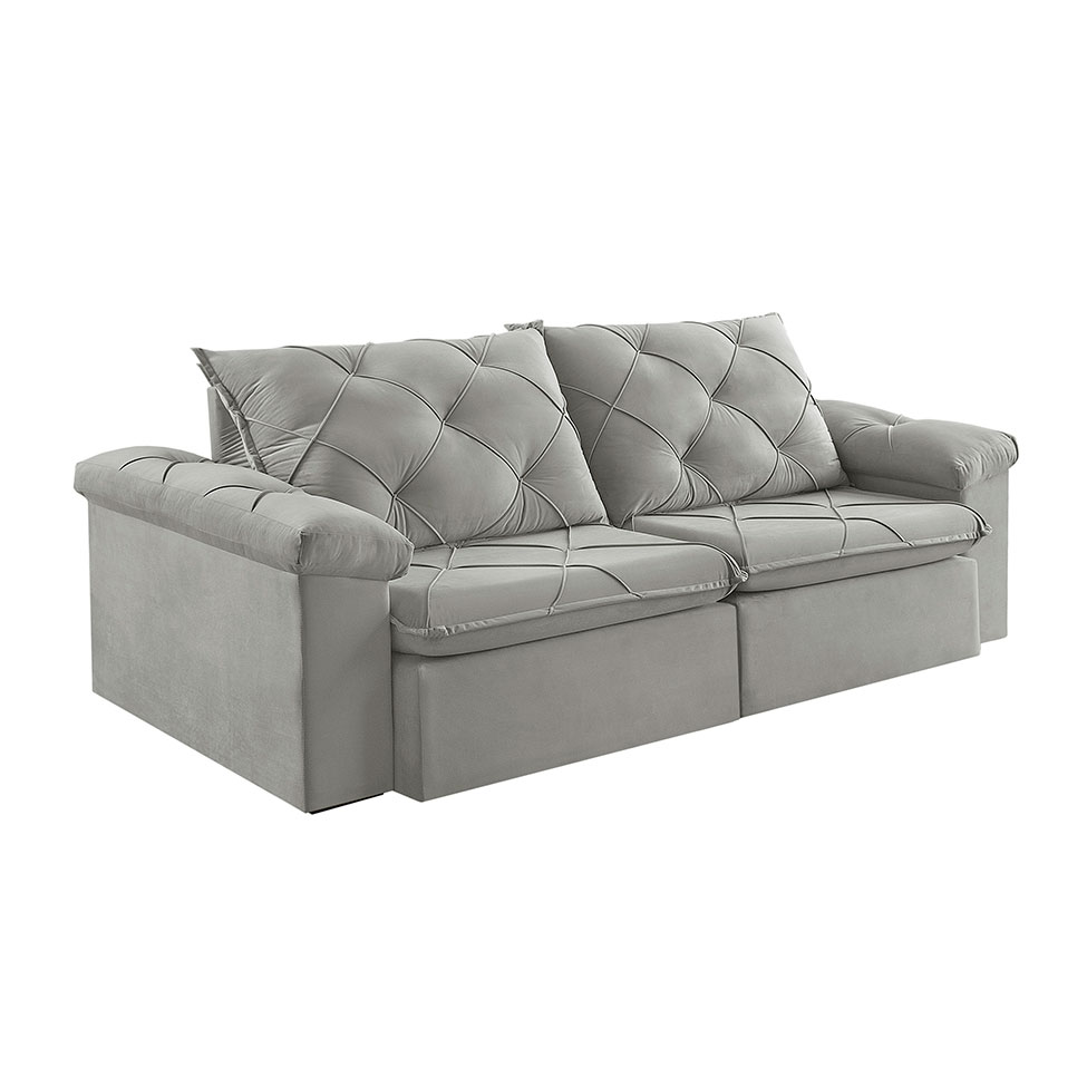 Sofá 3 Lugares Retrátil e Reclinável Astor Veludo Cinza Prateado 242 cm