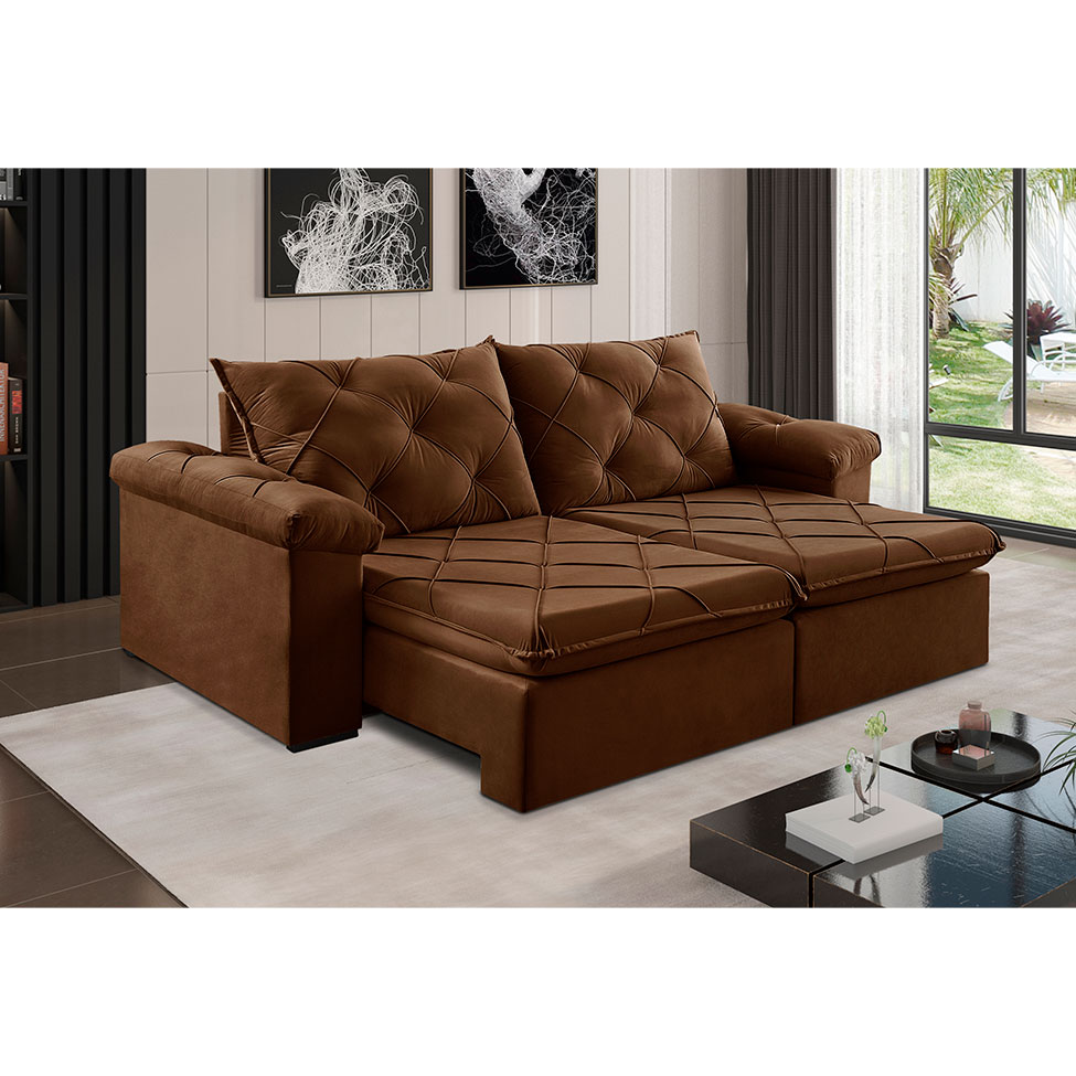 Sofá 3 Lugares Retrátil e Reclinável Astor Veludo Marrom 202 cm
