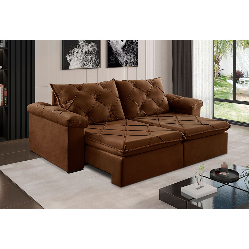 Sofá 3 Lugares Retrátil e Reclinável Astor Veludo Marrom 242 cm
