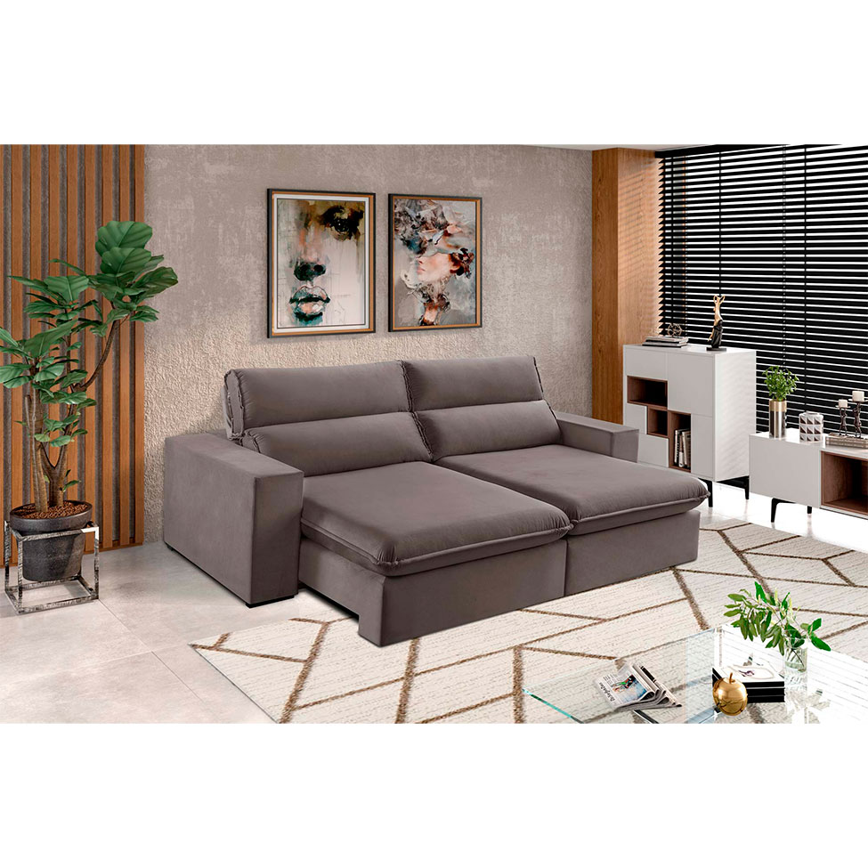 Sofá 3 Lugares Retrátil e Reclinável Free Veludo Bege Escuro 230 cm